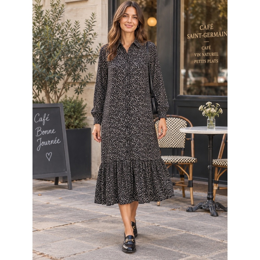 3.3 Field Trip Shirtdress Women Free Black Ivory Flecked Flounce Midi Dress